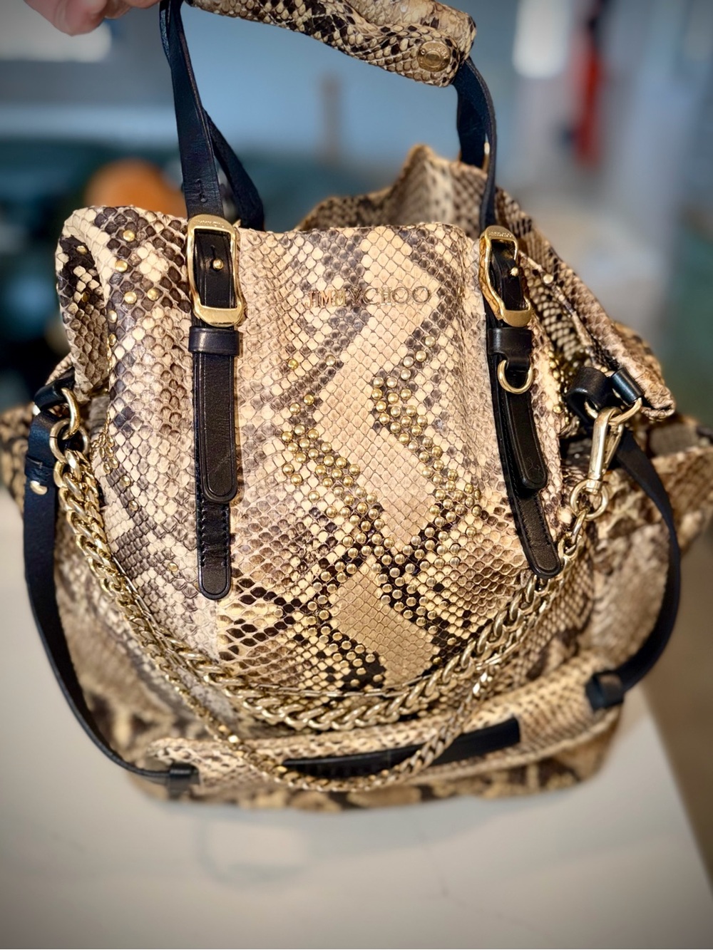 Jimmy Choo Beige and Brown Python-Print Bucket Shoulder Bag
